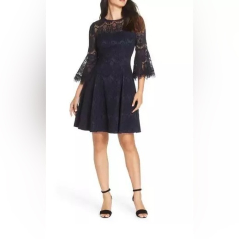Eliza J Navy Lace Bell Sleeve Fit & Flare‎ Mini Dress Size 2